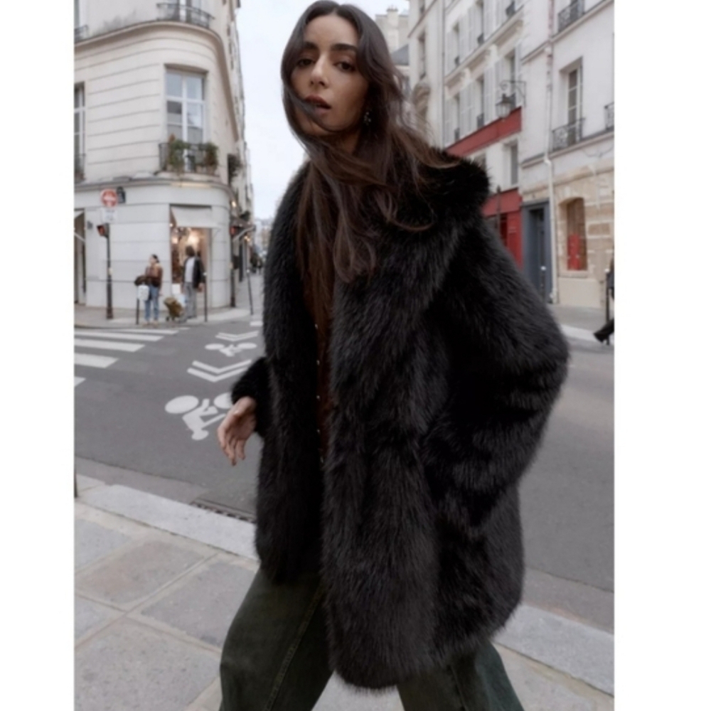 Zara FAUX FUR COAT WITH BELT BLACK - Picture 10 of 16